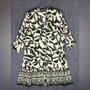 Elle Gonzelle Green Abstract Print Button Front Tunic Dress Boho Rayon XL